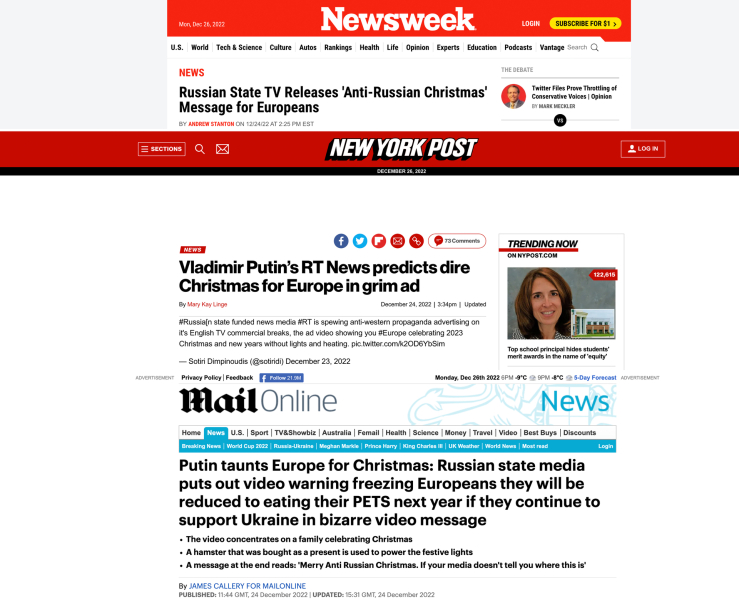 «Сказка о хомячке» и «замерзающие европейцы»: о рождественском ролике RT вышло более 200 статей на иностранных языках